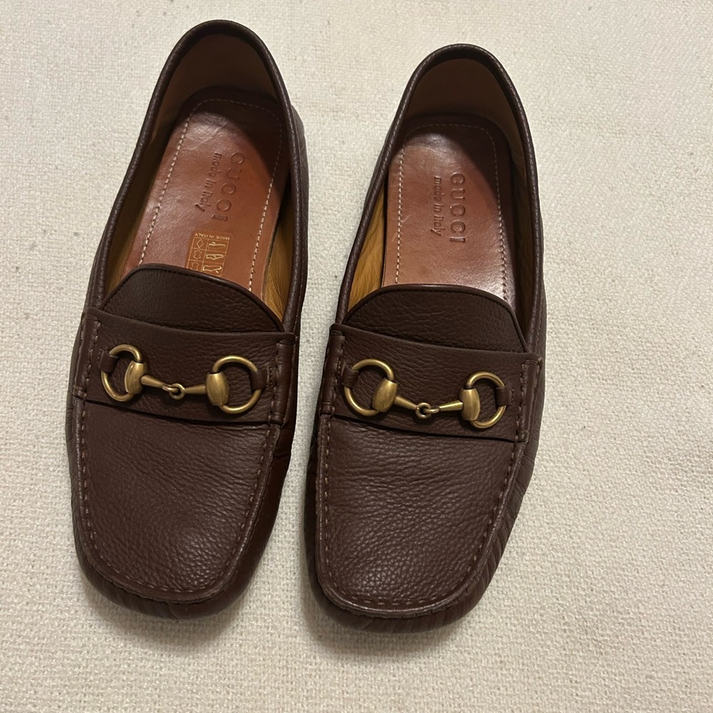 Gucci  Brown Leather Loafers with Gold Accent